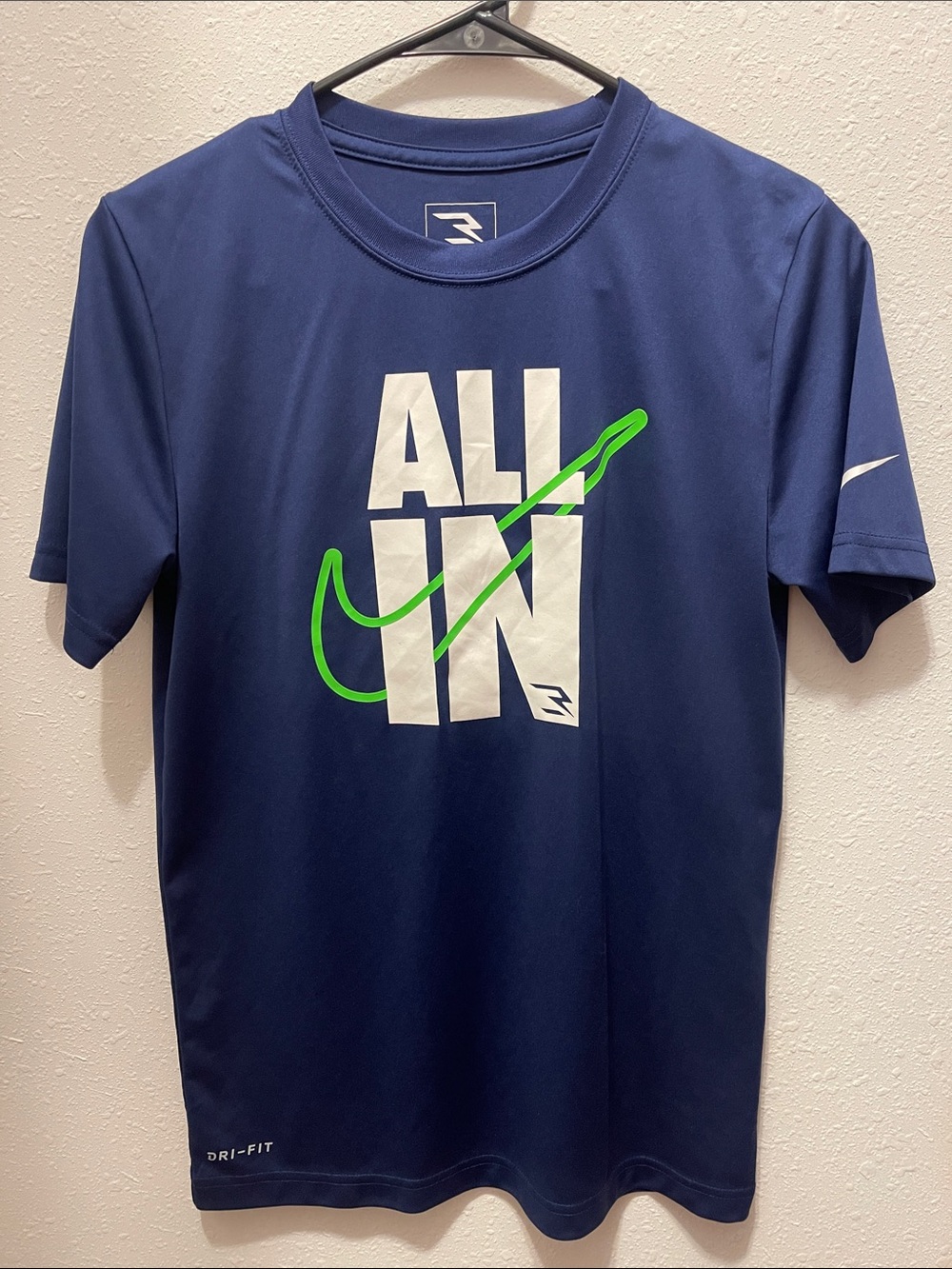 Nike Navy Short Sleeve 'ALL IN' Graphic Tee with Neon Green Swoosh